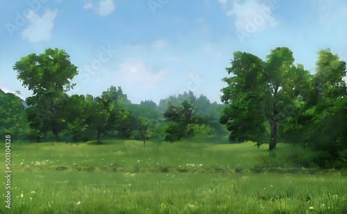 a painting of a grassy field with trees