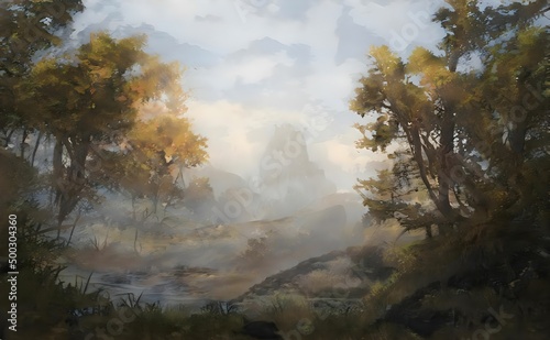 a painting shows a foggy path and trees