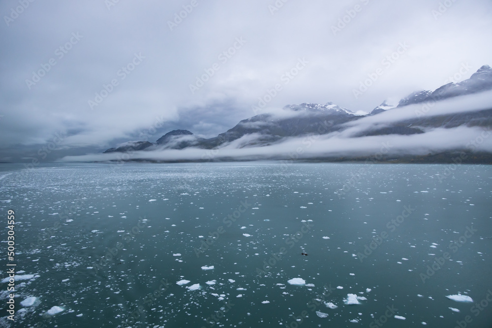 Ice chunks in the water and mountain background at Glacier Bay, Alaska, USA		