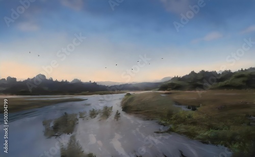 a painting of a river with mountains in the background