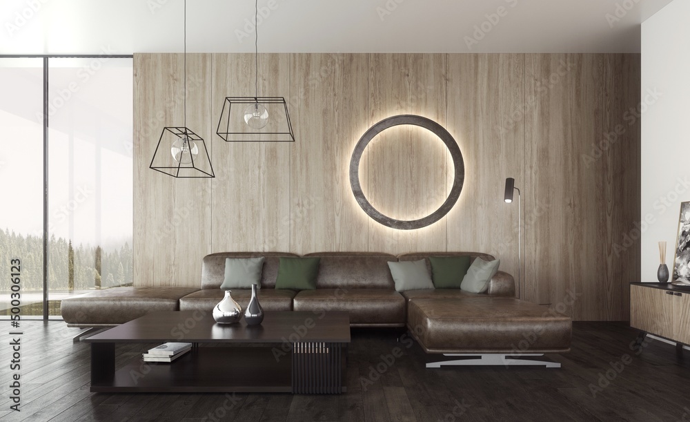 Wnętrze pokoju dziennego z brązową sofą przed drewnianą ścianą i okrągłą lampą ozdobną. - obrazy, fototapety, plakaty 