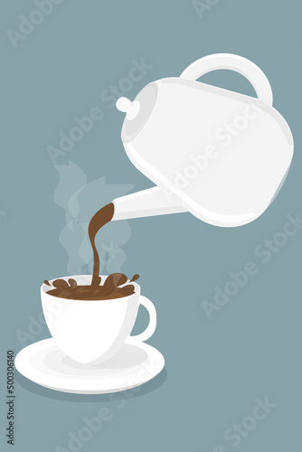 black hot tea is poured from the teapot into a white cup