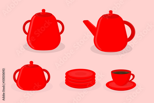 kitchen utensils teapot sugar bowl saucer and cup red colour