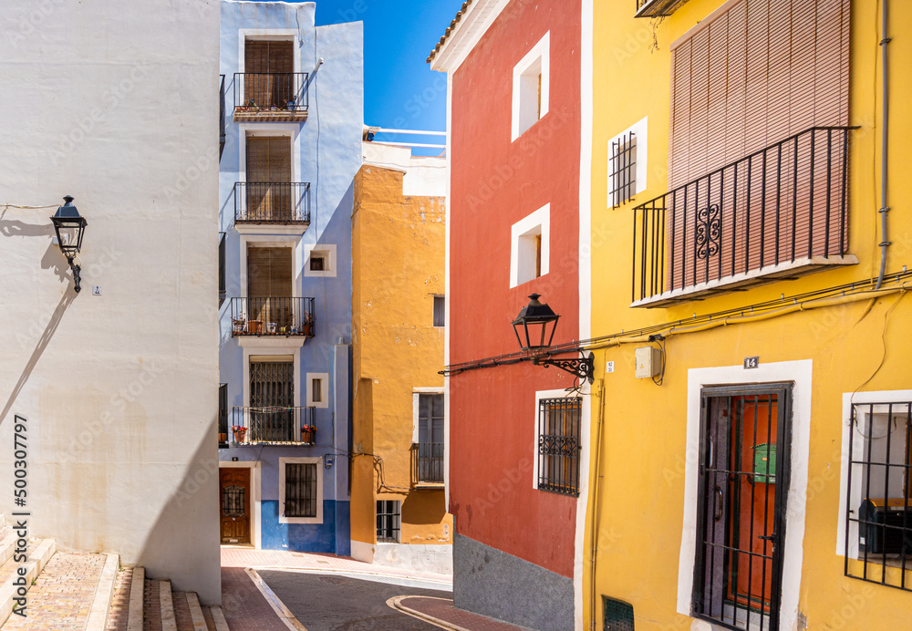 Colorful houses and buildings in the tourist town of Villajoyosa, Alicante (Spain)