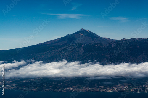 Aerial panoramic view on Tenerife island with peak of Mount Teide, volcatic landscape, Canary islands, Spain