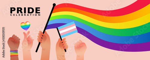 Banner of people hold rainbow flag with sign language hands represent pride month celebration