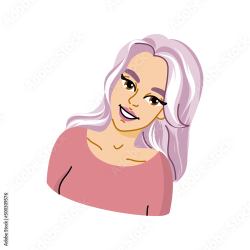 Portrait of a cute blonde girl. Beautiful female face. The concept of the Women's movement. Stylized flat style. Vector illustration on isolated background for mobile app or websites and banner design