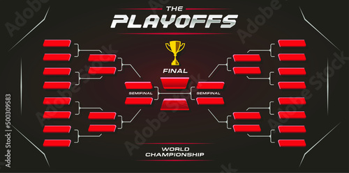 Black and Red competition bracket vector. sport game tournament championship contest stage layout, double elimination bracket board chart vector with champion trophy prize icon illustration background