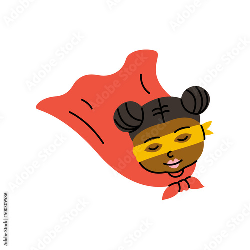 African American young girl superhero in red cloak. Women's support and solidarity. The concept of the Women's movement. Stylized flat style. Vector illustration on isolated background