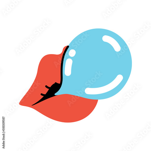 A woman's mouth with red lipstick inflates a bubble of chewing gum. Women's support and solidarity. The concept of the Women's movement. Stylized flat style. Vector illustration on isolated background