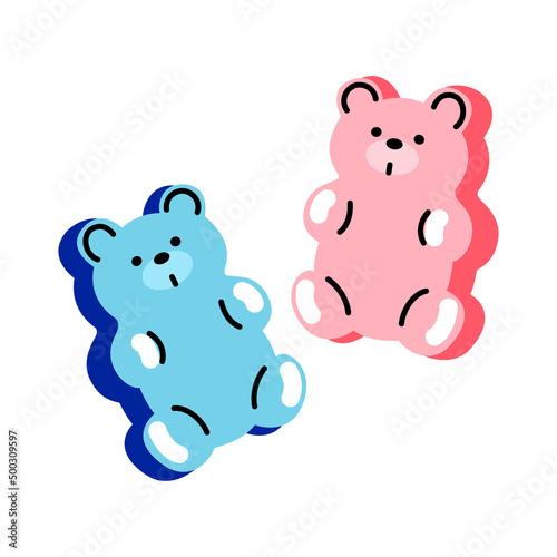 Two cute pink gummy bear. Jelly fruit candy. Stylized flat style. Vector on isolated white background. For printing on cards, invitations, tattoo, clothing design