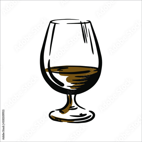 vector sketch of glass with cognac isolated on white background