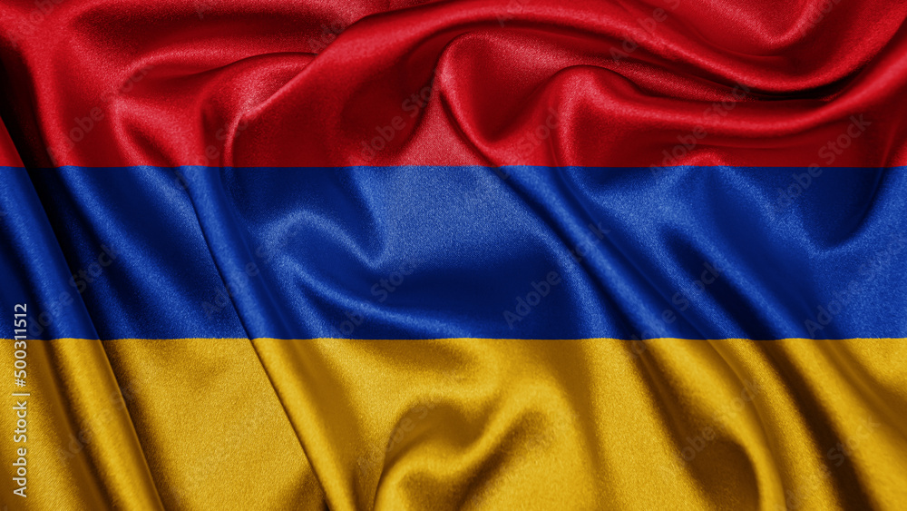 Naklejka premium Close up realistic texture fabric textile silk satin flag of Armenia waving fluttering background. National symbol of the country. 21st of September, Happy Day concept