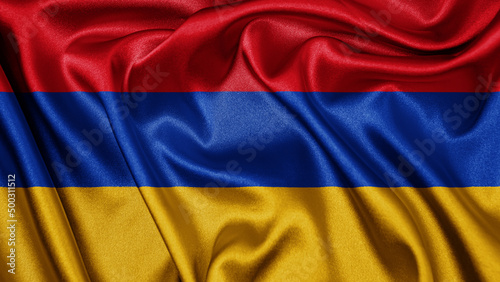 Close up realistic texture fabric textile silk satin flag of Armenia waving fluttering background. National symbol of the country. 21st of September, Happy Day concept