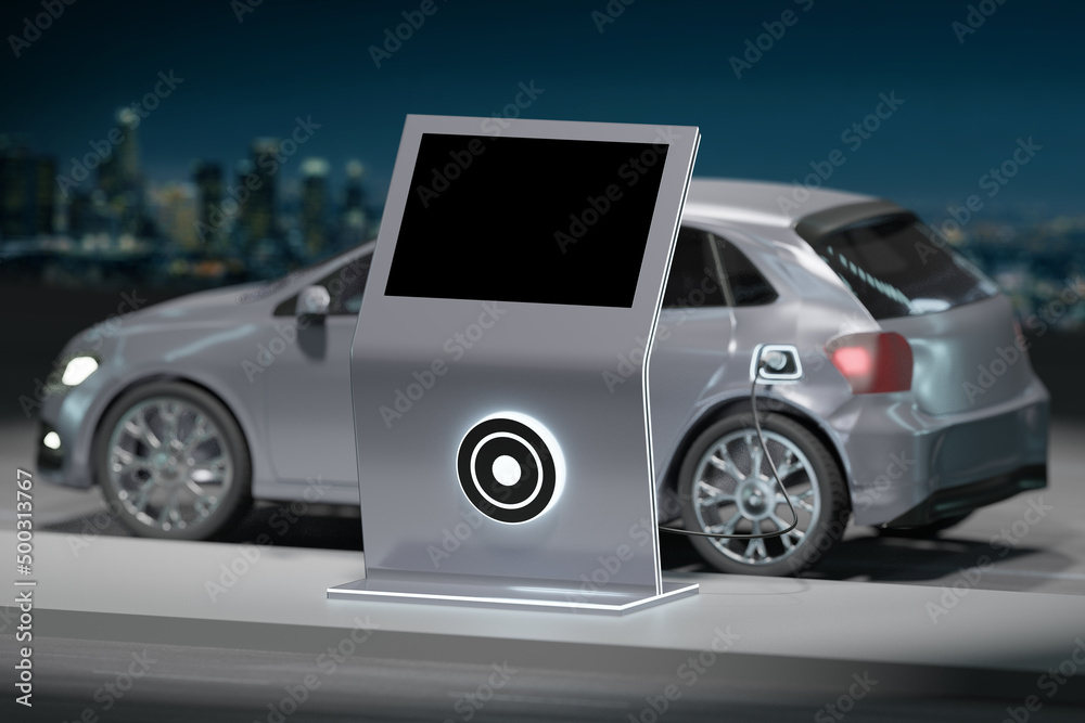 Power supply connect to electric vehicle to charge the battery - 3d rendering Power supply connect to electric vehicle to charge the battery - 3d rendering