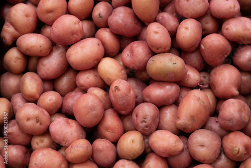 A scattering of red potatoes at a vegetable market. A pile of fresh potatoes in a supermarket. Potato background.