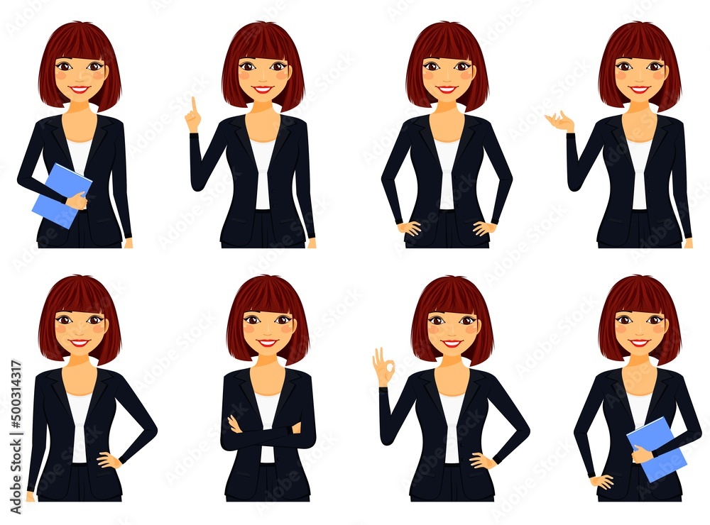 Set. Young girl in the office in a portrait style. Various poses. Beautiful girl. Character. Business and finance. Flat style on a white background. Cartoon. Set. Young girl in the office in a portrait style. Various poses. Beautiful girl. Character. Business and finance. Flat style on a white background. Cartoon.