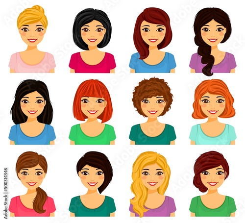 Portraits of attractive girls with different hairstyles. Different hair color. Business woman avatar. Flat style on a white background. Cartoon.

