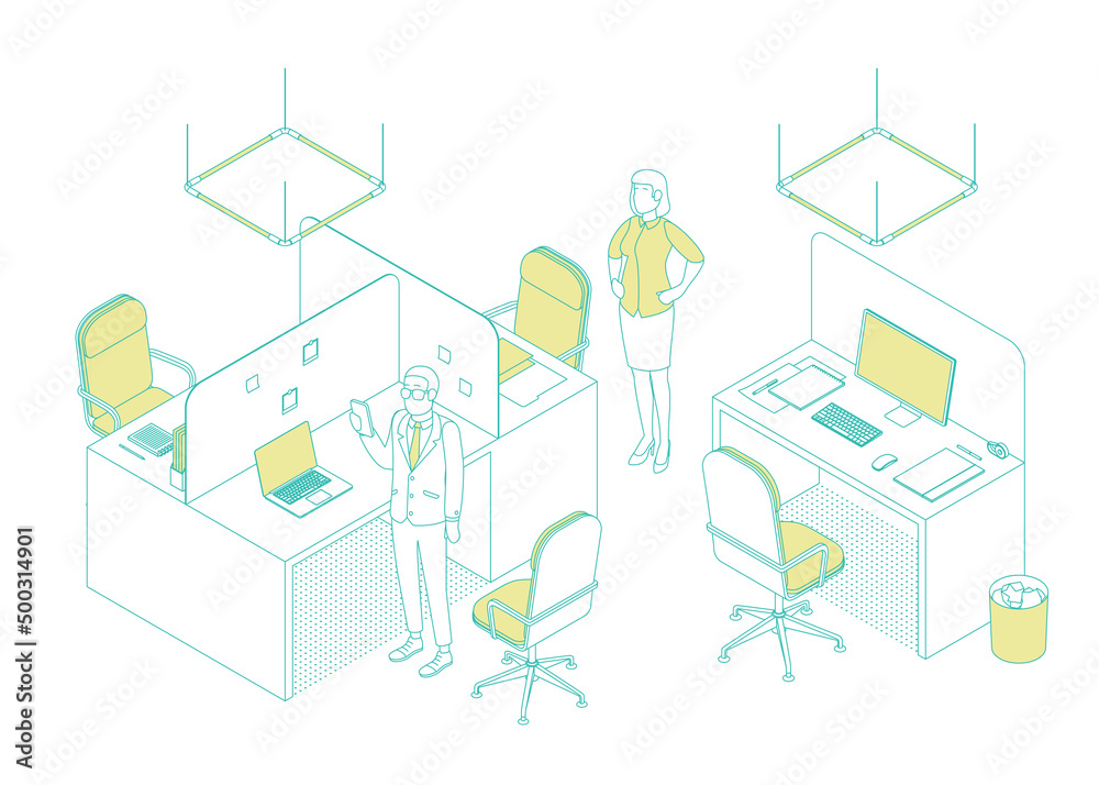 custom made wallpaper toronto digitalIsometric office with working people. Vector illustration flat design isolated. Male and female characters. Office and casual clothes. Outline, linear style, line art. Desk, chair, computer, office sp