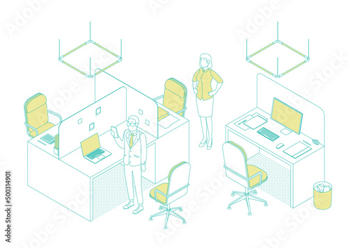 Isometric office with working people. Vector illustration flat design isolated. Male and female characters. Office and casual clothes. Outline, linear style, line art. Desk, chair, computer, office sp © nod design