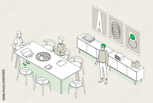 Isometric office with working people. Vector illustration flat design isolated. Male and female characters. Office and casual clothes. Outline, linear style, line art. Conference room, meeting, laptop