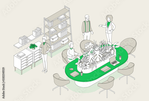 Isometric office with working people. Vector illustration flat design isolated. Male and female characters. Office and casual clothes. Outline, linear style, line art. Conference room, meeting, laptop