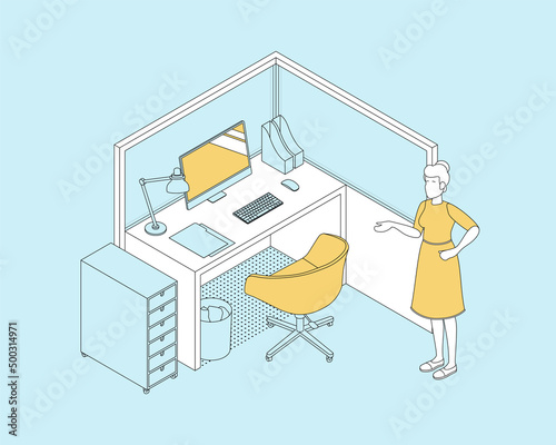 Isometric office with working people. Vector illustration flat design isolated. Male and female characters. Office and casual clothes. Outline, linear style, line art. Desk, chair, computer, office sp