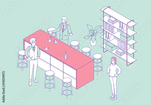 Isometric office with working people. Vector illustration flat design isolated. Male and female characters. Office and casual clothes. Outline, linear style, line art. Workspace, coworking, meeting.