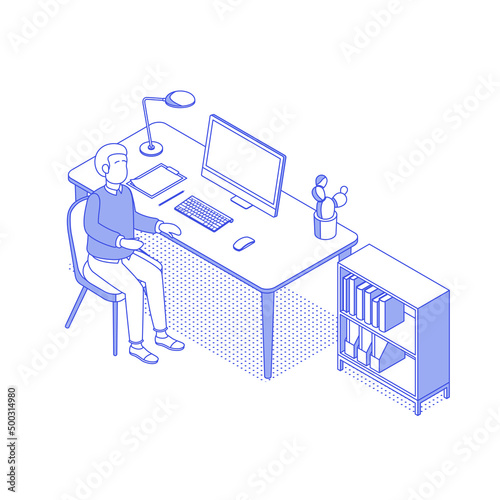 Isometric office with working people. Vector illustration flat design isolated. Male and female characters. Office and casual clothes. Outline, linear style, line art. Desk, chair, computer, office sp