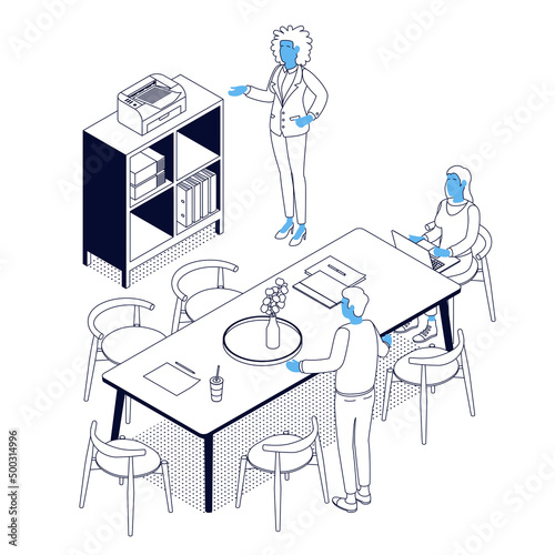Isometric office with working people. Vector illustration flat design isolated. Male and female characters. Office and casual clothes. Outline, linear style, line art. Conference room, meeting, laptop