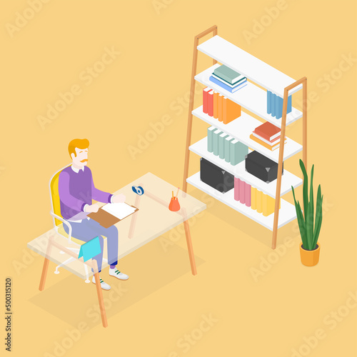 Isometric office with working people. Vector illustration flat design isolated. Male and female characters. Office and casual clothes. Desk, chair, computer, office space.