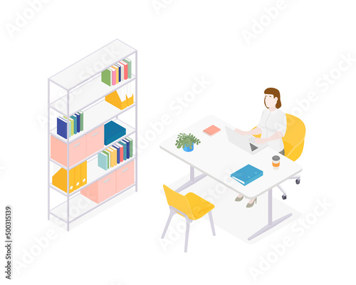 Isometric office with working people. Vector illustration flat design isolated. Male and female characters. Office and casual clothes. Desk, chair, computer, office space.