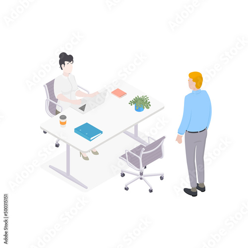 Isometric office with working people. Vector illustration flat design isolated. Male and female characters. Office and casual clothes. Desk, chair, computer, office space. © nod design