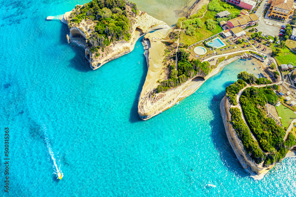 Aerial drone view of canal D'amour in Sidari Corfu island, Greece