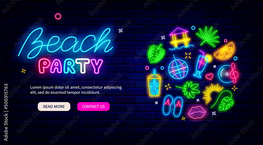 Fototapeta premium Beach party neon greeting card. Circle layout with summer icons. Season eevent concept. Vector illustration