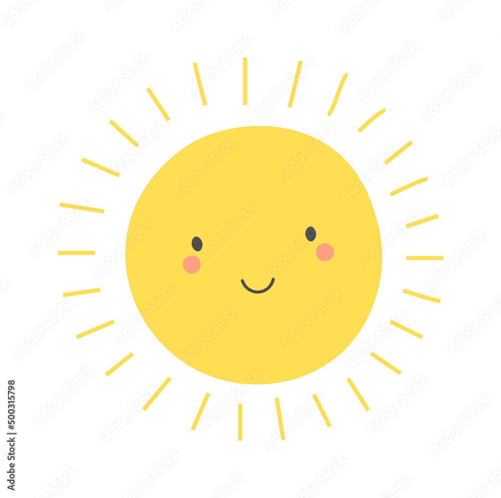 Childish Sun Cartoon. Summertime icon. Vector illustration