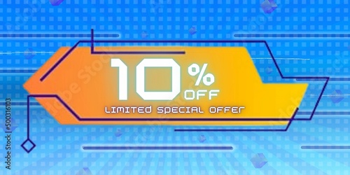 10% off limited special offer. Banner with ten percent discount on a blue background with yellon square and blue photo