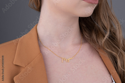 Close up necklace on necklace girl's neck. Beautiful woman wearing black jacket style with diamonds, six, diamond necklace, luxury fashion jewelry.