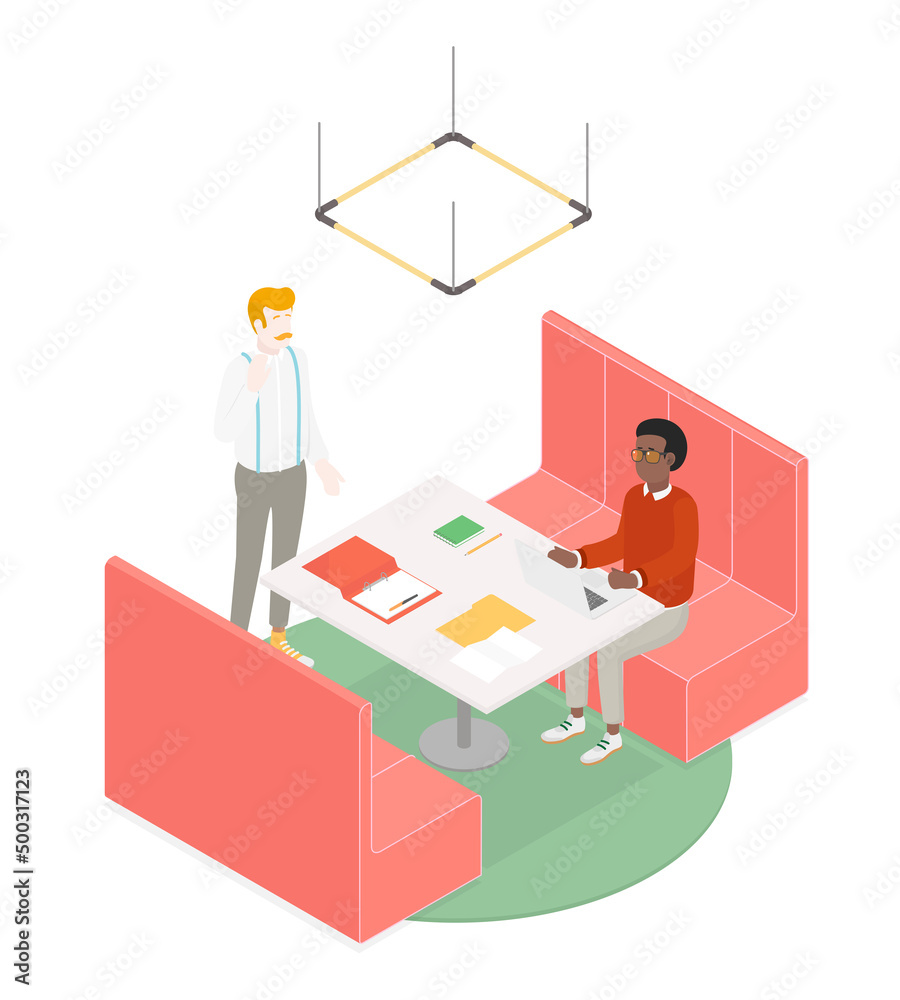 Isometric office with working people. Vector illustration flat design isolated. Male and female characters. Office and casual clothes. Desk, chair, computer, office space, meeting Isometric office with working people. Vector illustration flat design isolated. Male and female characters. Office and casual clothes. Desk, chair, computer, office space, meeting