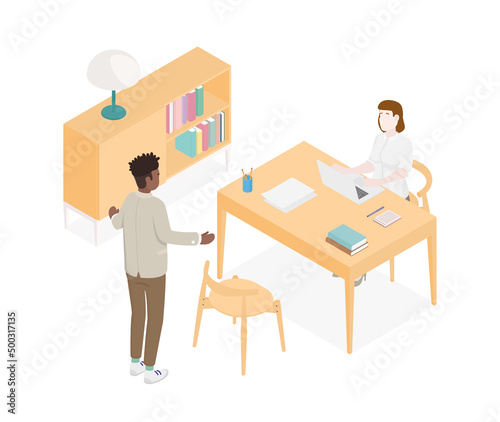 Isometric office with working people. Vector illustration flat design isolated. Male and female characters. Office and casual clothes. Desk, chair, computer, office space, meeting
