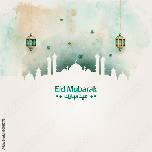 Islamic greetings eid mubarak card design with lantern and grunge background