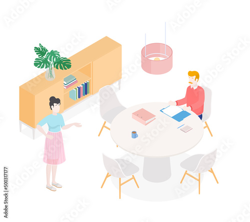 Isometric office with working people. Vector illustration flat design isolated. Male and female characters. Office and casual clothes. Desk, chair, computer, office space, meeting