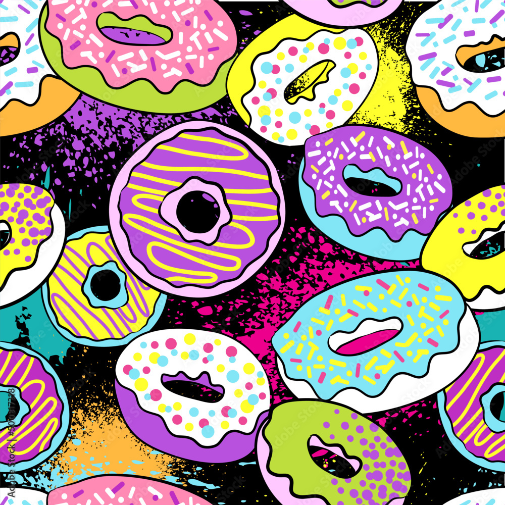 Vector seamless pattern with colorful donuts with rainbow background.
