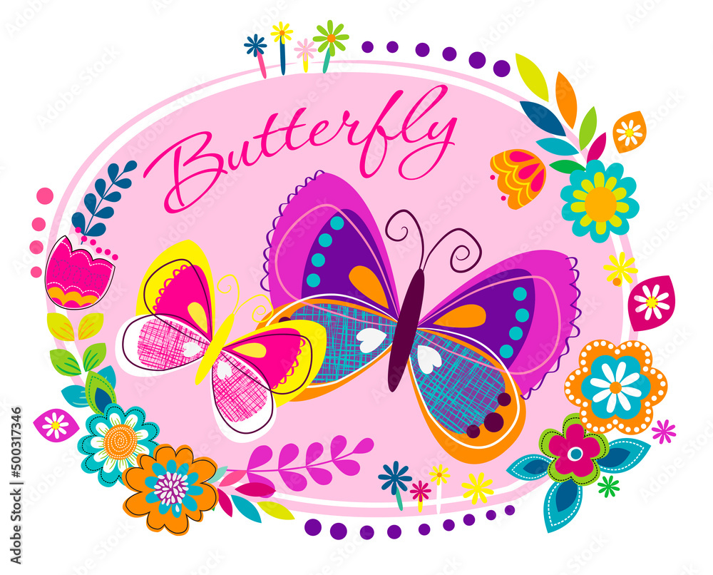 Abstract drawing for t-shirts with colorful butterfly. Creative design for girls. Fashion illustration in modern style for clothes on white background.