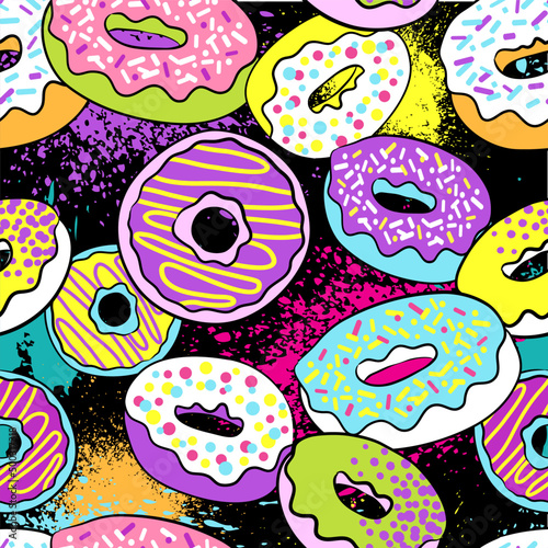 Vector seamless pattern with colorful donuts with rainbow background. photo