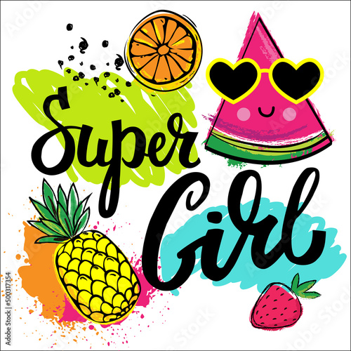 Abstract drawing for t-shirts with colorful fruit. Creative design for super girl. Fashion illustration in modern style for clothes on white background. 