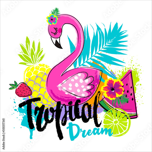 Abstract drawing for t-shirts with pink flamingo and summer fruits. Creative design for girl. Fashion illustration in tropical style on white background.