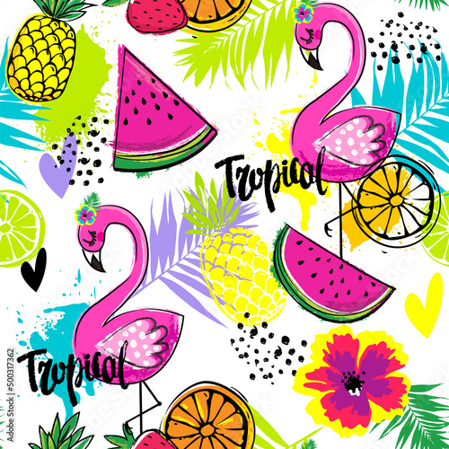 Fashion tropics funny wallpapers. Seamless pattern with flamingo, pineapples, watermelon and oranges on bright colors. Summer fruit mix design for fabric and decor.