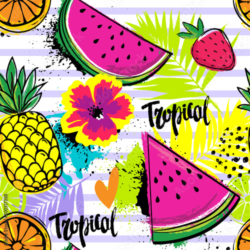 Fashion tropics funny wallpapers. Seamless pattern with pineapples, watermelon and oranges on bright colors. Summer Fruit mix design for fabric and decor.