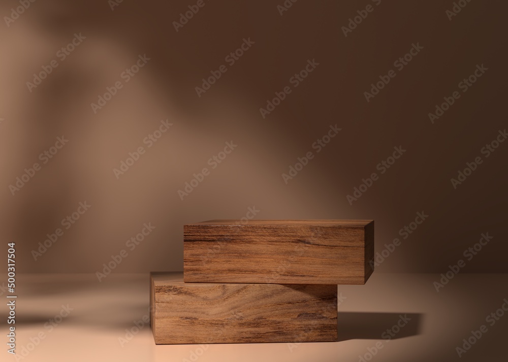 Minimalist wood pedestal or podium for product showcase beige background. Empty stage. Leaf shadow backdrop. 3d render illustration